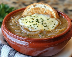 Wall Mural - Delicious homemade French onion soup in a ceramic bowl with melted cheese and toasted bread, garnished with fresh herbs