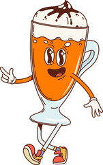 Wall Mural - Retro groovy orange creamsicle dessert character. Isolated cartoon cocktail personage in a tall, elegant glass, flashing a peace sign, topped with whipped cream and chocolate drizzle, exuding vibes