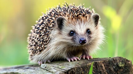 Wall Mural - A hedgehog sitting on a log in the grass, AI