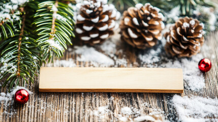 Canvas Print - A wooden sign with a pine cone and red berries on top of snow, AI