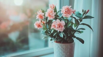 Wall Mural -   A white vase with pink flowers sits on a sunlit window sill