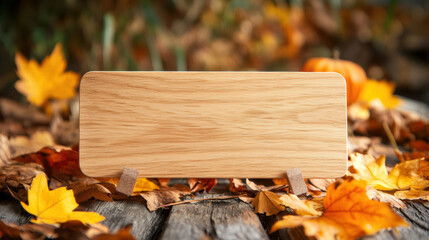 Poster - A wooden sign on a table with autumn leaves and pumpkins, AI