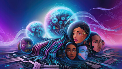 Digital artwork with diverse faces connected by futuristic technology, symbolizing human diversity and AI integration.