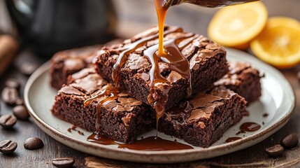 Wall Mural -  A picture of brownies with a drizzle of caramel sauce