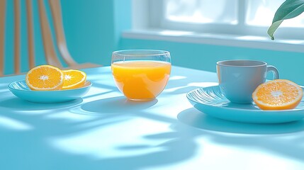 Poster -   Blue table, orange juice + slices