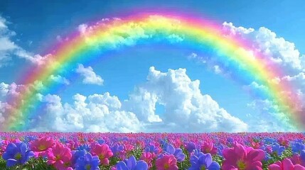 Wall Mural -  Rainbow in sky, over tulip field with rainbow in center