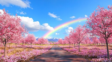 Poster -   Rainbow over road with pink flowers, trees on each side, distant rainbow