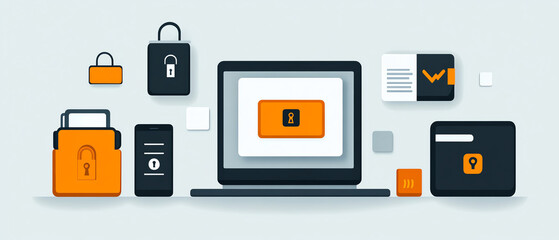 Digital wallet, secure transaction interface with encryption, flat design illustration