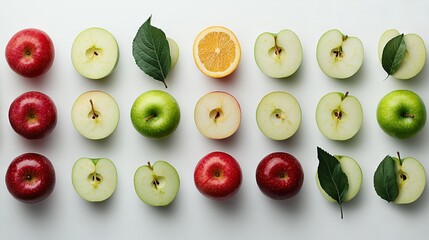 Poster -   A half-cut group of apples with leaves and an apple slice in the center, surrounded by an orange slice