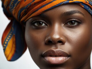 Close-up portrait of a woman wearing a colorful headscarf