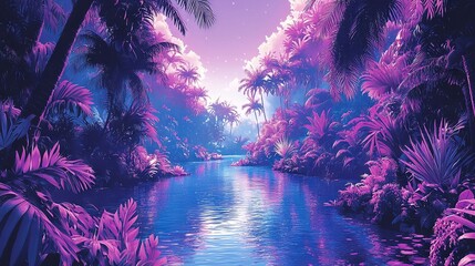 Sticker -  River, Palm Trees, Purple Sky & Stars