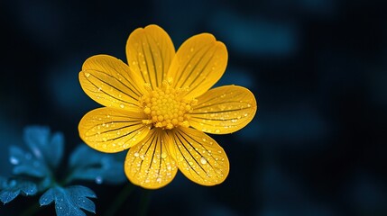 Wall Mural -   A close-up of a yellow flower with droplets of water on it and a blue flower in the foreground is optimized to 36 tokens