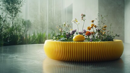 Poster -   A yellow vase with flowers sits next to a planter with an orange ball on top