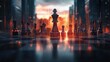 © Helens - Chess Pieces on a Board Against a Cityscape Background with Sunset and Digital Overlay