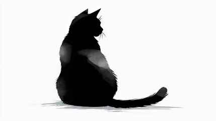 Sticker -   A monochrome image depicts a feline perched on the ground, gazing intently into the distance against a blank canvas