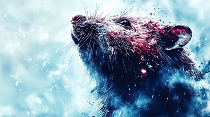   A close-up of a rat in snow, with snowflakes on its face and a blue sky in the background