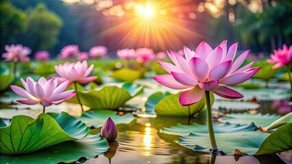 Beautiful pink lotus flowers in a natural pond with sunlight shining , pink lotus, flowers, natural, pond, sunlight, beautiful