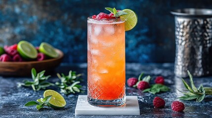 Poster -  Drink on table with raspberries and limes, alongside bowl of raspberries