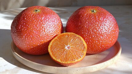 Poster -   Two oranges on a plate, one cut in half, and the other half stacked