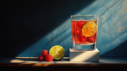 Poster -   A painting of a glass of water with a lemon slice and raspberries nearby