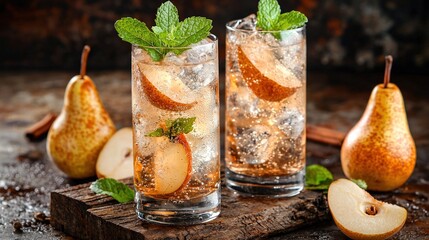 Poster -   Three glasses of water with pears and mint on a wooden board next to a pear slice and a whole pear