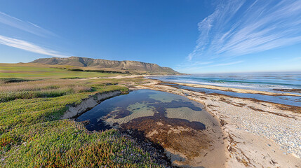 Canvas Print -   A vast lake lies atop a verdant meadow adjoining a hillside blanketed in emerald grass