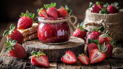 Wall Mural -   A jar brimming with strawberries rests atop a wooden table, adjacent to a few sacks of strawberries