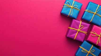 Canvas Print -   Four presents wrapped in bright blue and pink paper with gold ribbon on a pink background with copy space for text