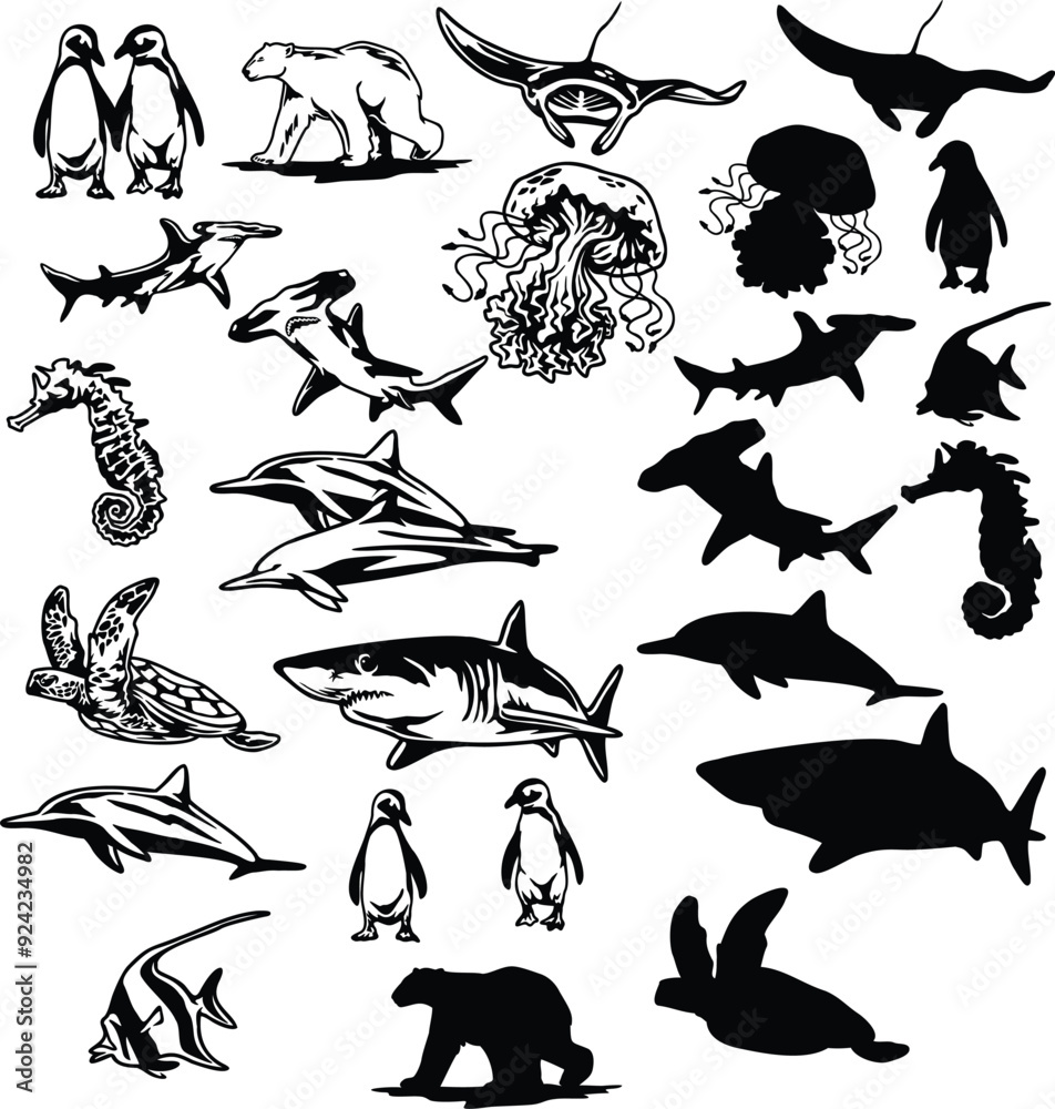 Sea Animals Set Bundle Illustration, Sea Creatures Silhouette Cut File ...