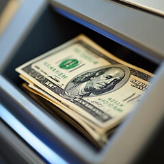 Close-up of dollar bills coming out from an ATM machine,