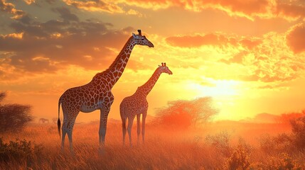 two giraffe standing in the savannah in the wild