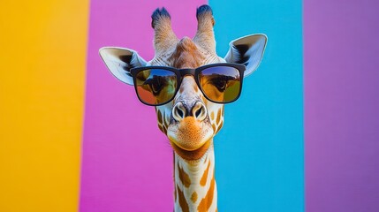 Wall Mural - Funny giraffe wearing sunglasses in studio with a colorful and bright background. 