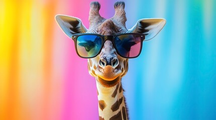 Wall Mural - Funny giraffe wearing sunglasses in studio with a colorful and bright background.