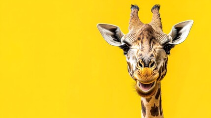 Wall Mural - Portrait Banner for Website of surprised amazed giraffe pet with a curious face with open mouth at on yellow studio background. Website banner concept. Advertising postcards, notebooks