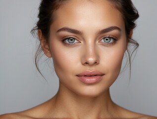 close-up portrait of a young woman with flawless skin and blue eyes
