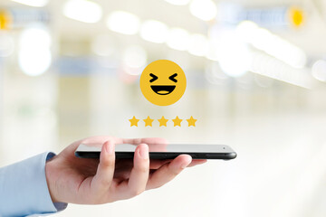 Customer Experience, A user give excellent rating to product and service experience on online application, Customer review for satisfaction feedback, Customer evaluate quality of service and product