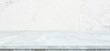 © mangpor2004 - Empty white marble table over white cement wall background, White shelf, counter for food and product display montage backdrop, Table top, desk surface banner, mockup, template