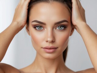 Close-up portrait of a woman with perfect skin and makeup.