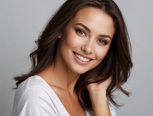 Wall Mural - Portrait of a Young Woman with Long Brown Hair and a White Shirt, Smiling with Bright White Teeth