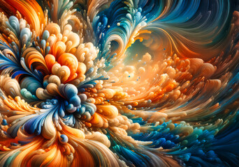 Vibrant 3D painting: Surrealistic, flowing textures colorful explosions and flowing fabrics in light orange and beige hues fusion of cyan and bronze