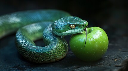 Wall Mural - The original sin, the forbidden fruit. Close up of snake with green apple on dark background