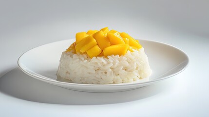 Wall Mural - A beautifully arranged Thai dessert of sticky rice, coconut milk, and mango on a white plate, set against a white background, offering a fresh, minimalistic presentation.