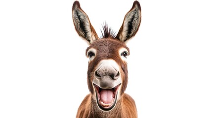 Canvas Print - funny animals banner panorama long - standing, laughing brown donkey with mouth opened, isolated on 