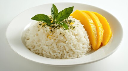 Wall Mural - A white plate holding Thai sticky rice with coconut milk and mango slices, elegantly presented against a white background, highlighting the dish's traditional appeal.