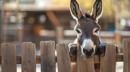 Wall Mural - curious donkey leaning over wooden fence gazing at camera with inquisitive expression animal photo