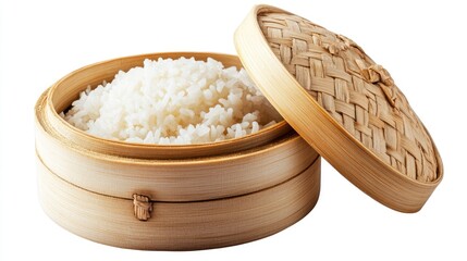 Cooked Jasmine rice served in a traditional Asian bamboo steamer, isolated on a white background with a clipping path. Authentic and cultural cuisine concept.