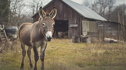 Wall Mural - donkey by barn background. 