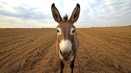 Wall Mural - A friendly donkey stares directly into the camera, standing alone in an expansive, recently harvested field, exuding a sense of curiosity and connection under soft daylight.