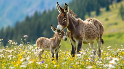 Wall Mural - Baby Donkey. Cute baby donkey and mother on floral meadow 