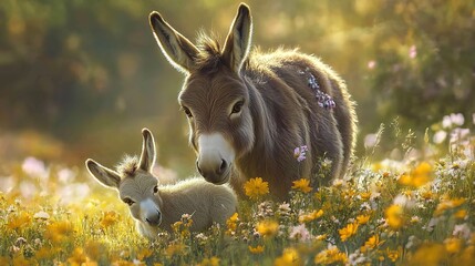 Wall Mural - Baby Donkey. Cute baby donkey and mother on floral meadow